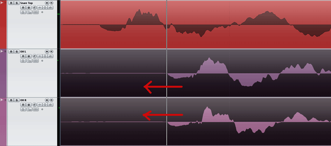 Before aligning the OH tracks to the top snare drum track.