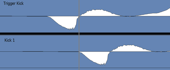 Trigger kick drum track shifted ahead of Kick 1 track.
